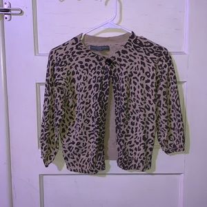 Josephine Chaus Preppy Petite Leopord Print Silk Blend Mini Cropped Cardigan